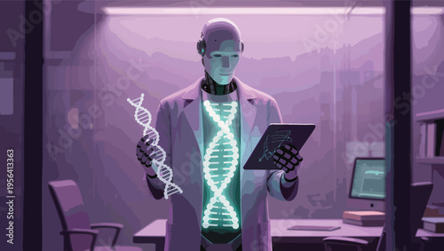 Android scientist in lab coat holding DNA helix and tablet with glowing genetic code robot laboratory.