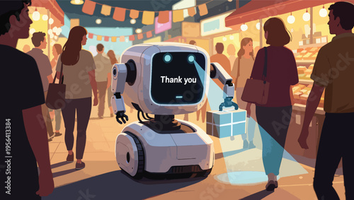 Friendly Robot with Thank You Message on Screen in Bustling Outdoor Market shopping.