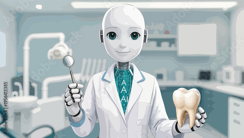 Friendly robot dentist holding dental mirror and tooth in brightly lit dental office vector illustration.