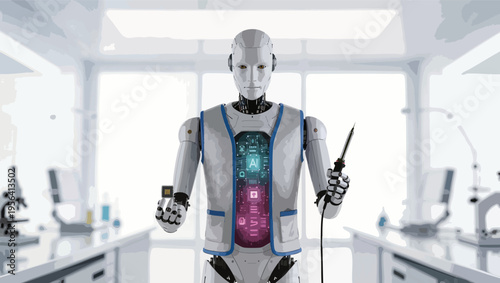 Robot in lab coat holding soldering iron in a bright, modern laboratory artificial intelligence android.