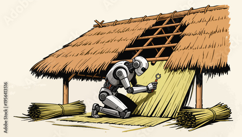 Robot Inspecting a Thatched Roof with a Magnifying Glass in a Rural Setting vector illustration.