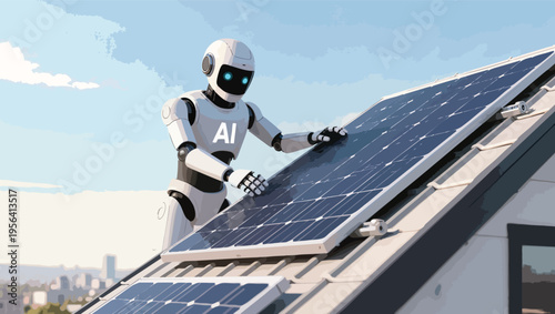 Robot installing solar panels on a rooftop with a city skyline in the background android artificial intelligence.
