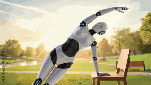 Robot performing a yoga stretch outdoors in a park at sunrise stretching exercise.