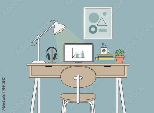 A cluttered desk with a laptop, lamp, and headphones sits in a room with a chair and plants on the table indoors.