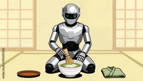Robot preparing matcha tea in a traditional Japanese room with tatami mats android artificial intelligence.