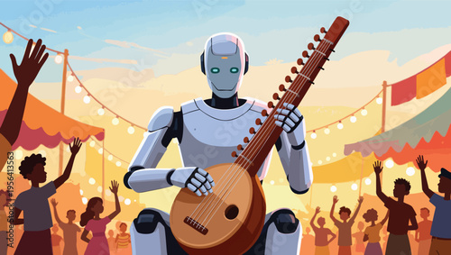 Robot playing a sitar at an outdoor festival with a cheering crowd musical instrument musician.