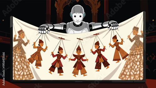 Robot puppeteer controlling traditional marionettes on a stage with audience vector illustration.