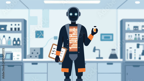 Robot scientist holding vial and clipboard in laboratory with shelves and equipment research science.