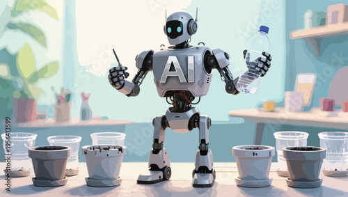 Robot with AI logo holding a water bottle and a tool surrounded by plant pots artificial intelligence.