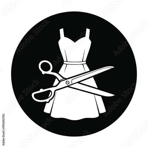 Fashion design concept with dress and scissors in black and white symbolizing tailoring and sewing