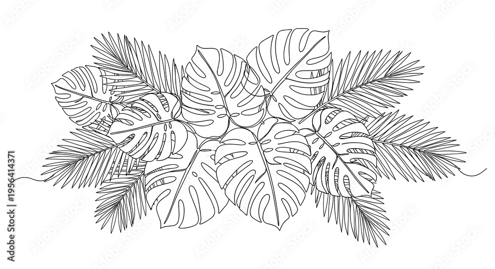 Fototapeta premium Elegant Continuous Line Drawing of Tropical Monstera and Palm Leaves Showcasing Nature's Beauty in a Minimalist Style