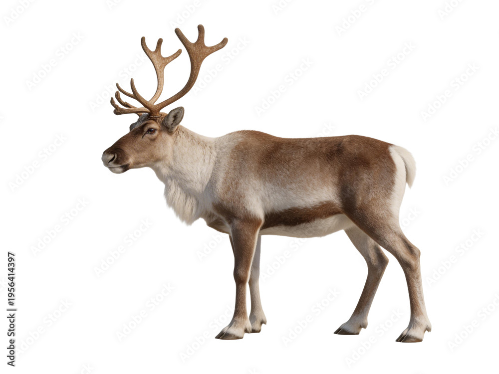 Fototapeta premium A single caribou featured on a transparent background, highlighting its unique features and natural posture. Reindeer standing on transparent background with antlers raised 