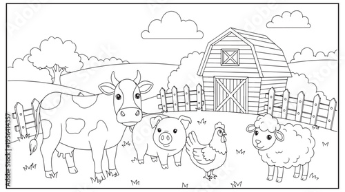 A charming farm scene with a barn cow pig sheep and chicken