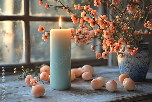 Flowering window with lit candle and birds, creating a cozy atmosphere