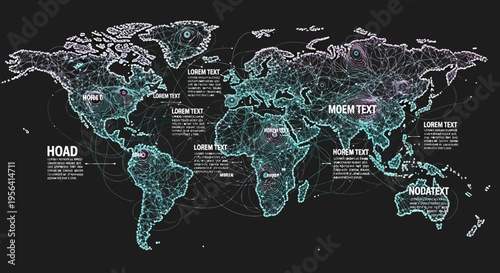 Abstract world map with digital network connections, glowing nodes, and data visualization points on a dark background, representing global technology and communication.
