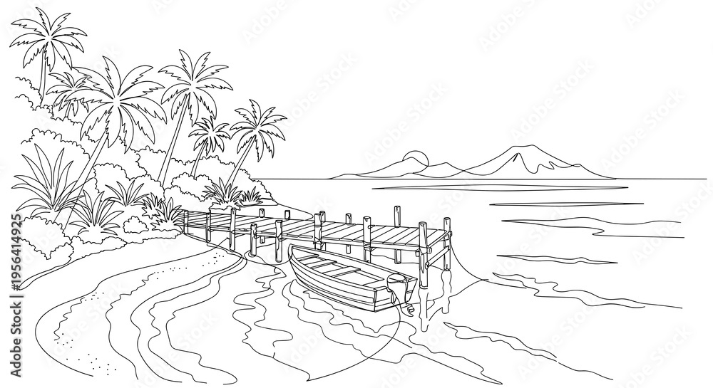 Fototapeta premium Serene Tropical Harbor Scene Showcasing a Quaint Boat Tied to a Charming Pier, Surrounded by Lush Palm Trees and Gentle Waves Under a Bright Sky, Inviting Relaxation and Peace