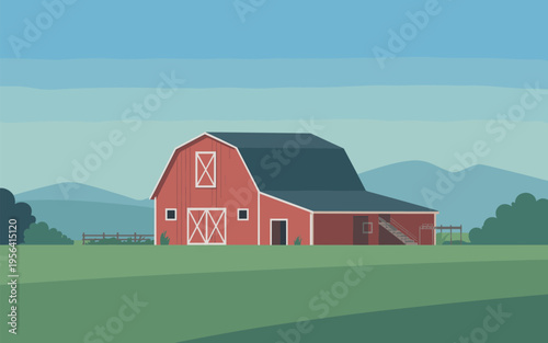 Flat Illustration Of A Red Farm Barn Coloring Page Style Art
