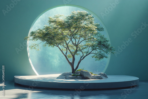 Tree in a glass vase with moss highlighting nature and freshness.