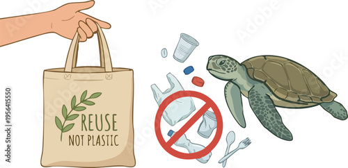 Web Sea Turtle and Plastic Waste Prevention Illustration - Hand Holding Reusable Tote Bag vs. Ocean Pollution Concept Vector - Zero Waste Environmental Advocacy