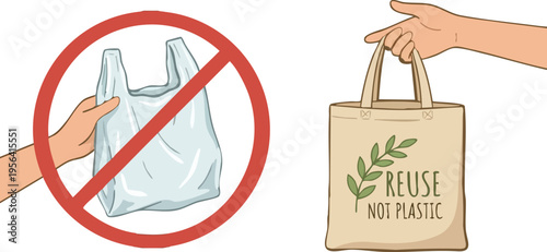 Web Hand Refusing Plastic Bag and Holding Reusable Cloth Tote Bag Illustration - Eco Friendly Shopping Choice and Zero Waste Sustainability Concept Vector