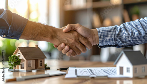 Accordo immobiliare di successo con stretta di mano su scrivania con contratti e modellini di case. Generative AI 