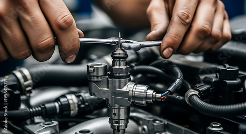 Mechanic working on car engine with wrench and tools.