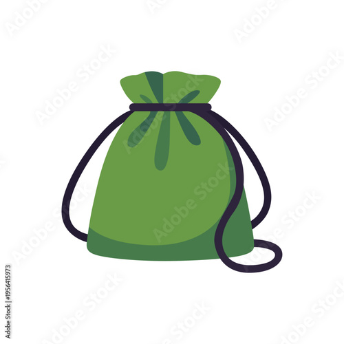 green drawstring bag, cinch sack, colorful vector flat style illustration