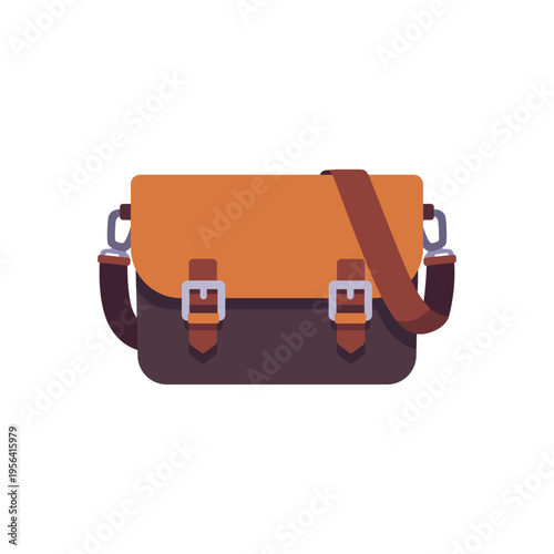 brown messenger bag, shoulder satchel, buckle closure, colorful vector flat style illustration