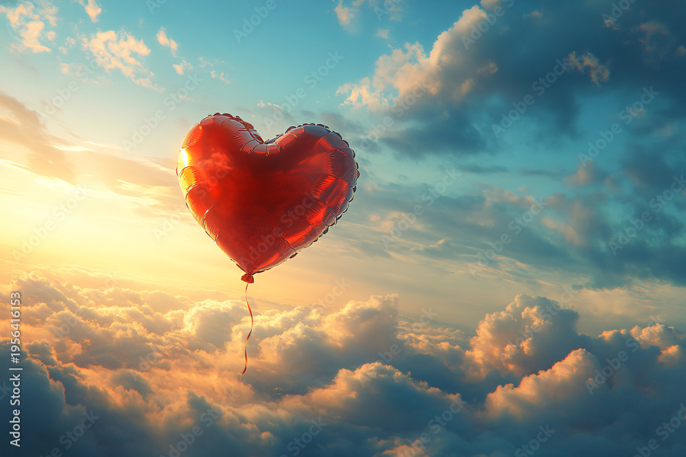 Fototapeta premium Magical heart balloon rising to the sky, representing hope and love