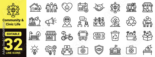 Community and civic life icon set featuring social services, environment, family, communication, transportation, events, public safety, education, and local engagement in modern line‑art vector style