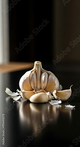 Garlic bulb and cloves on a dark surface.