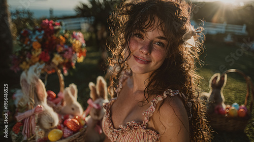 smiling woman, surrounded by rabbits, sunny day, cheerful atmosphere, joyful expressions, outdoor setting, playful interaction, vibrant colors, beautiful scenery, engaging visuals, natural beauty, cap