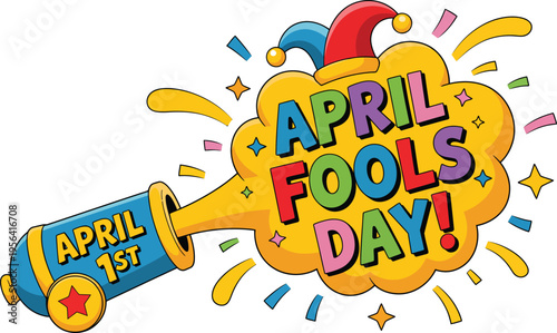 April Fools Day cannon with colorful explosion april 1st