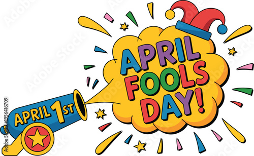 April Fools Day cannon with colorful explosion and confetti