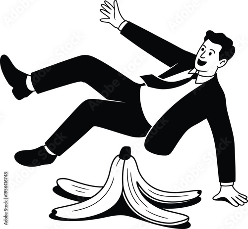 Businessman slipping on banana peel cartoon Keywords: man, business, suit, tie, falling