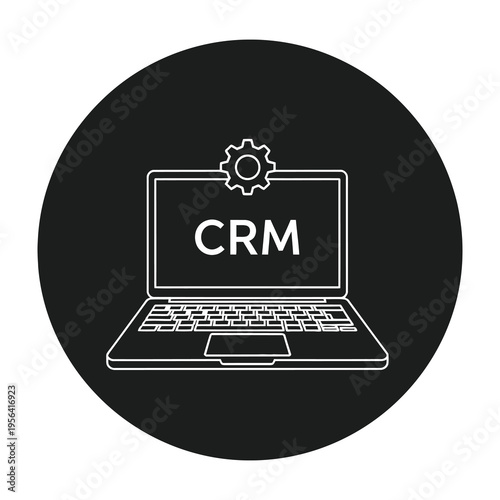 Customer relationship management crm laptop icon simple line art illustration on black circle background