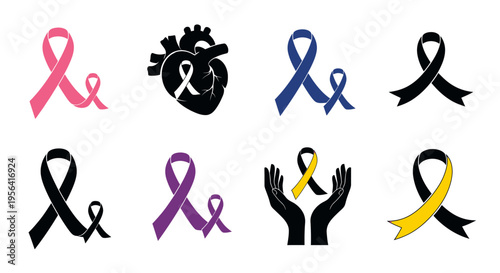 Collection of Various Awareness Ribbons and Symbols.