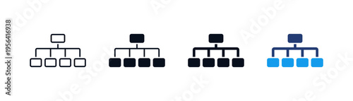 Organizational chart icons set showing Business hierarchy, corporate structure, team workflow diagram and management system in clean vector style