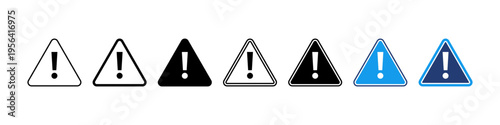 Warning triangle icons with exclamation mark in outline and solid styles. Safety alert symbols used for danger notice, risk indication, attention messages.	