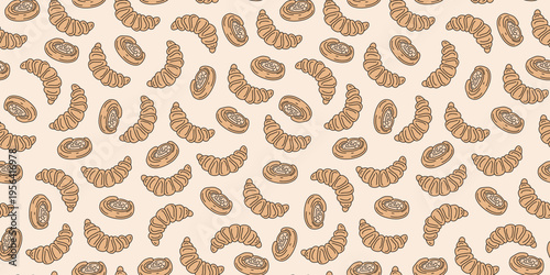 Sweet bun, croissant. Seamless pattern. Bakery, pastries. Drawings, doodles. Food, dessert, cooking. Vector background.