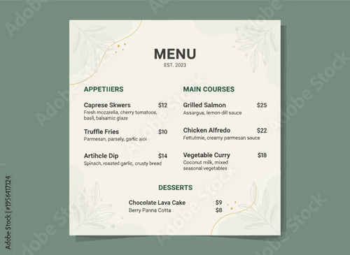 A restaurant menu card displays various food options on a table indoors.