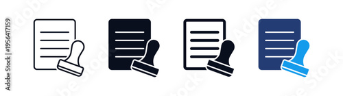 Document stamp icon set with approved file and verification stamp icons, rubber stamper for approval, certification, and official license symbols for business use