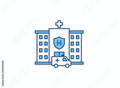 The ambulance drives past a hospital building with a shield logo.