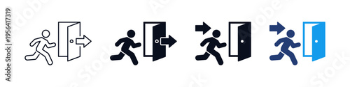 Emergency exit icon set with running man to door and arrow symbol icons representing evacuation, safety and fire escape directions