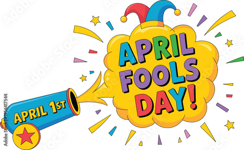 April Fools Day cannon with colorful explosion and confetti