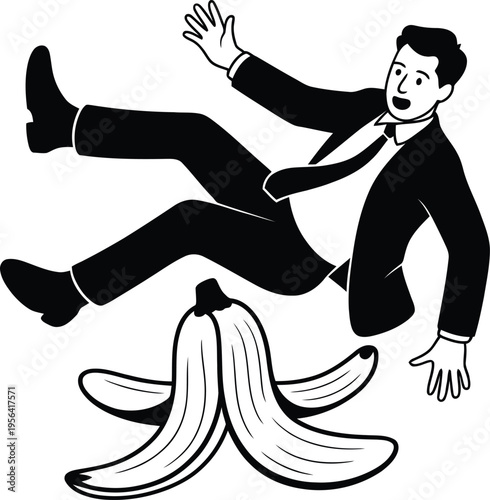 Businessman slipping on banana peel illustration Keywords: man, business, suit, tie, falling
