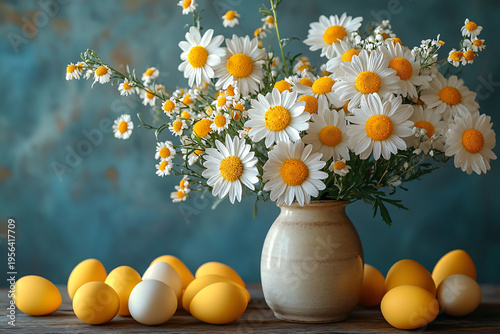 Arrangement of yellow and white daisies accompanied by eggs on a table