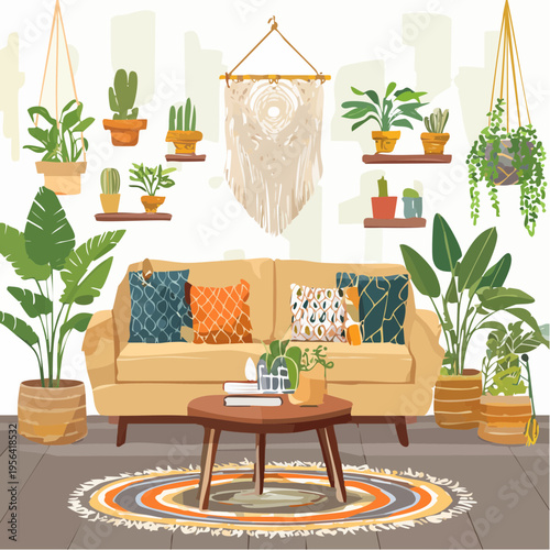 Boho Wohnzimmer mit vielen Pflanzen und warmen Naturfarben