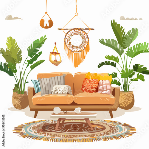Boho Wohnzimmer mit vielen Pflanzen und warmen Naturfarben
