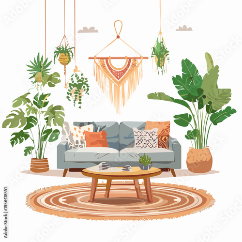 Boho Wohnzimmer mit vielen Pflanzen und warmen Naturfarben